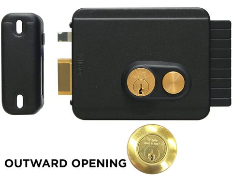 'V97' Electric GATE LOCK (Left Handing) - Outward Opening - W/Exit Button - Deadlatch - Adj.50-80mm B/set *Black*