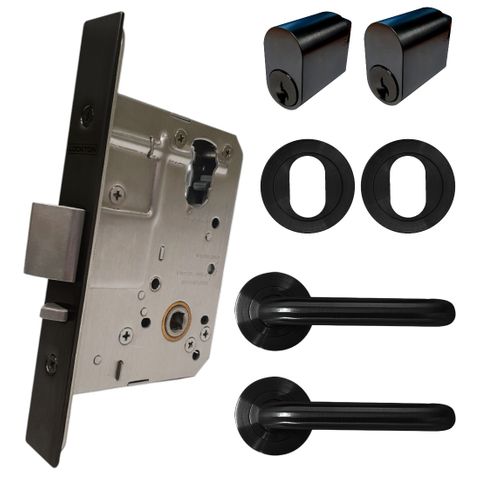 '60mm' Round Rose Mortice Lock KIT4 (DOUBLE CYL.) - Inc. Lock, Furniture & Cylinders *Matte Black*