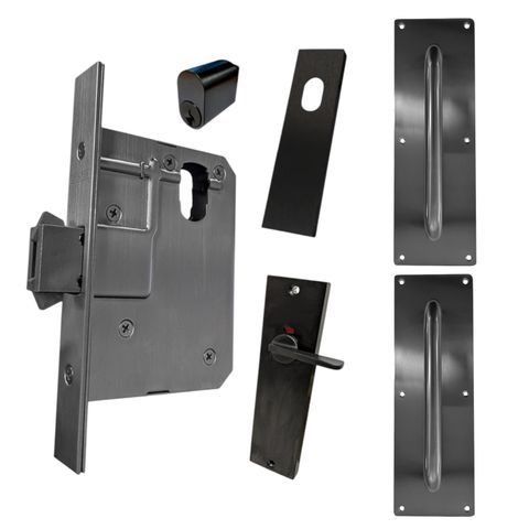 60mm SLIDING Mortice Lock KIT6 (INDICATING DA & CYL.) - Inc. Lock, Pull Plates, Furniture & Cylinder *Matte Black*