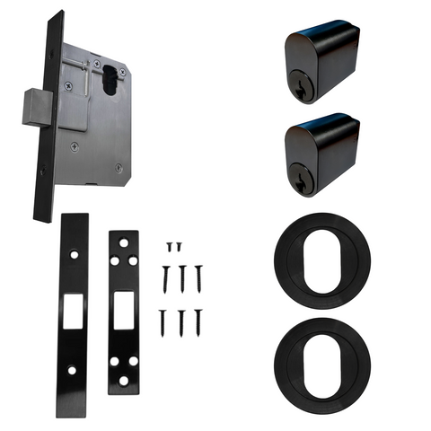 60mm DEADBOLT Round Rose Mortice Lock KIT4 (DOUBLE CYL.) - Inc. Lock, Furniture & Cylinders *Matte Black*