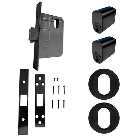 60mm SLIDING Round Rose Mortice Lock KIT4 (DOUBLE CYL.) - Inc. Lock, Furniture & Cylinders *Matte Black*
