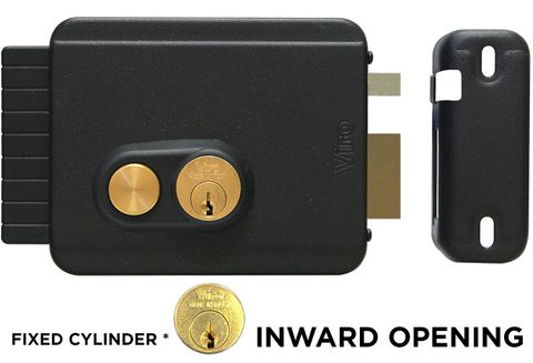 'V97' Electric GATE LOCK (Right Handing) - Inward Opening - W/Exit Button - Deadlatch - Adj. 50-80mm B/set *Black*