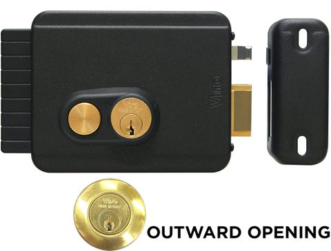 'V97' Electric GATE LOCK (Right Handing) - Outward Opening - W/Exit Button - Deadlatch -  Adj. 50-80mm B/set *Black*