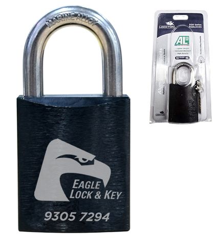 PADLOCK '500 AL13' 45mm (BOX OF 10) - Laser Engraved *BLACK* (KD) - HANG PACK