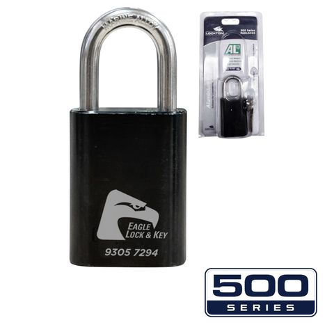PADLOCK '500-SERIES&trade;' 40mm (BOX OF 10) - Laser Engraved *BLACK* (KD)  - HANG PACK