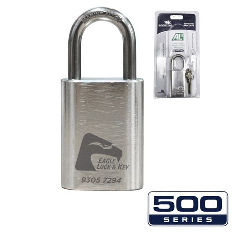 PADLOCK '500-SERIES&trade;' 40mm (BOX OF 10) - Laser Engraved *SILVER* (KD) - HANG PACK