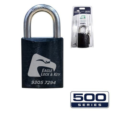 PADLOCK '500-SERIES&trade;' 45mm (BOX OF 10) - Laser Engraved *BLACK* (KD) - HANG PACK