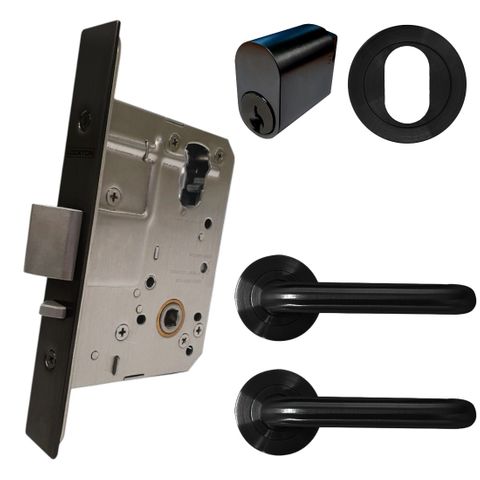 '60mm' Round Rose Mortice Lock KIT1 (CLASSROOM) - Inc. Lock, Furniture & Cylinder *Matte Black*