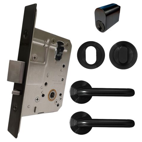 '60mm' Round Rose Mortice Lock KIT2 (ENTRANCE) - Inc. Lock, Furniture & Cylinder *Matte Black*