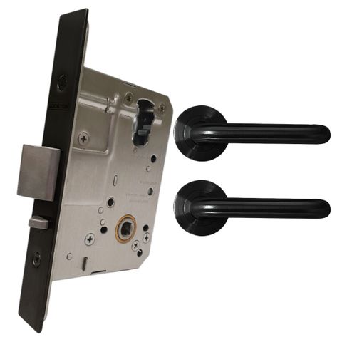 '60mm' Round Rose Mortice Lock KIT3 (PASSAGE) - Inc. Lock & Furniture *Matte Black*