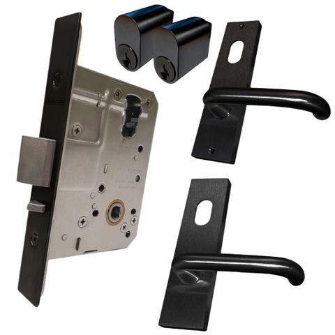 '60mm' Mortice Lock KIT4 (DOUBLE CYL.) - Inc. Lock, Furniture & Cylinders *Matte Black*