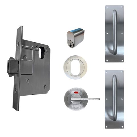 60mm SLIDING Round Rose Mortice Lock KIT6 (INDICATING DA & CYL.) - Inc. Lock, Pull Plates, Furniture & Cylinder