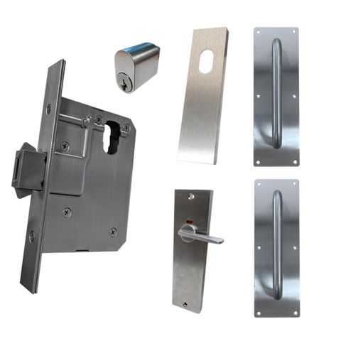 60mm SLIDING Mortice Lock KIT6 (INDICATING DA & CYL.) - Inc. Lock, Pull Plates, Furniture & Cylinder