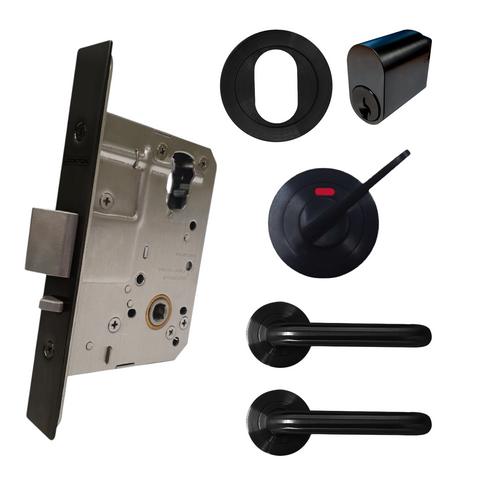 '60mm' Round Rose Mortice Lock KIT6 (INDICATING DA & CYL.) - Inc. Lock, Furniture & Cylinder *Matte Black*