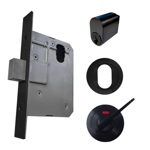 60mm DEADBOLT Round Rose Mortice Lock KIT6 (INDICATING DA & CYL.) - Inc. Lock, Furniture & Cylinder *Matte Black*