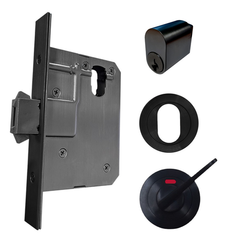 60mm SLIDING Round Rose Mortice Lock KIT6 (INDICATING DA & CYL.) - Inc. Lock, Furniture & Cylinder*Matte Black*