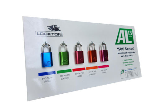 'Commercial' DISPLAY BOARD - AL13 COLOURED PADLOCKS (40mm) - Graphic Product Info & Related Display Stock