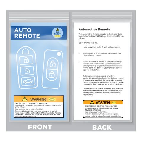 Automotive Remote PACKAGING - with Care Instructions & Coin Battery *Warning* Labels