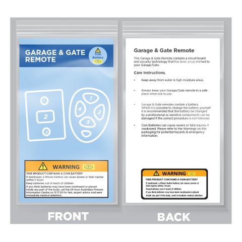 Garage & Gate Remote PACKAGING - with Care Instructions & Coin Battery *Warning* Labels