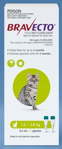 *Bravecto Cat Green 1.2-2.8kg 2 x Tubes