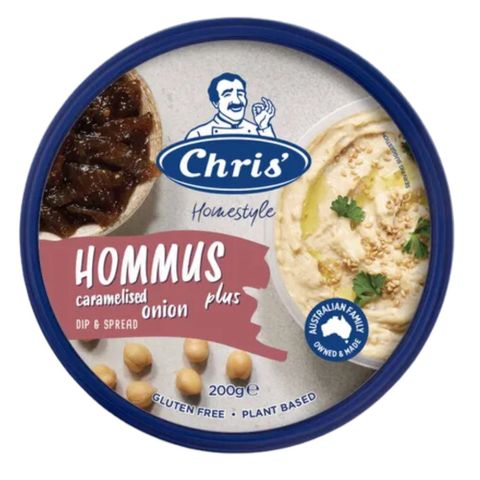 CHRIS' 8x200gm HOMMUS PLUS CRML/ONION