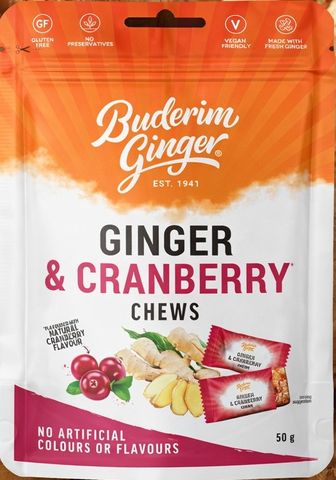 BUDERIM 12x50gm GINGER & CRANBERRY CHEWS