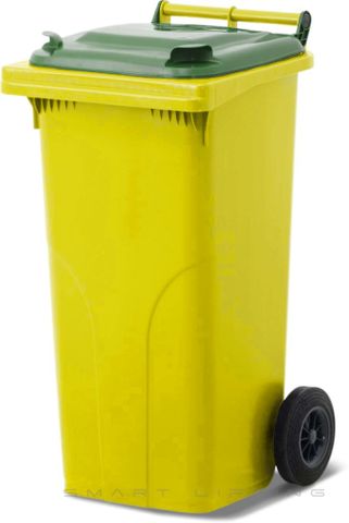 MGB120-YG // Simpro 120L Yellow/Green Wheelie Bin, HDPE, with 2x 200mm outset wheels