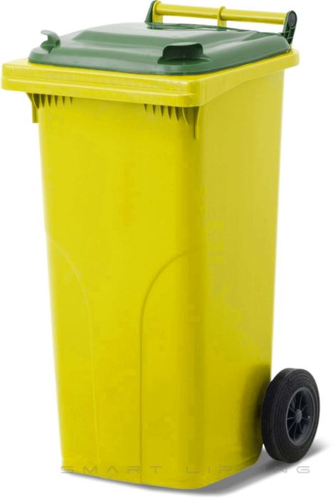 MGB120-YG // Simpro 120L Yellow/Green Wheelie Bin, HDPE, with 2x 200mm outset wheels