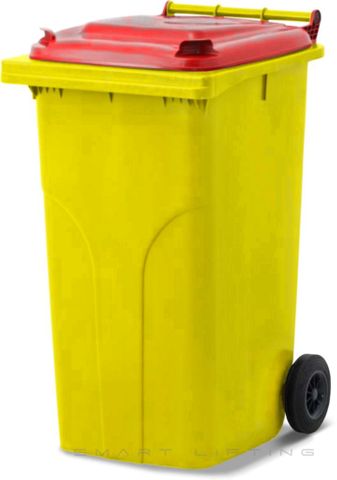 MGB240-YR // Simpro 240L Yellow/Red Wheelie Bin, HDPE, with 2x 200mm outset wheels
