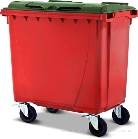 MGB660-RG // Simpro 660L Wheelie Bin, Red/Green HDPE, with 4x 200mm castors