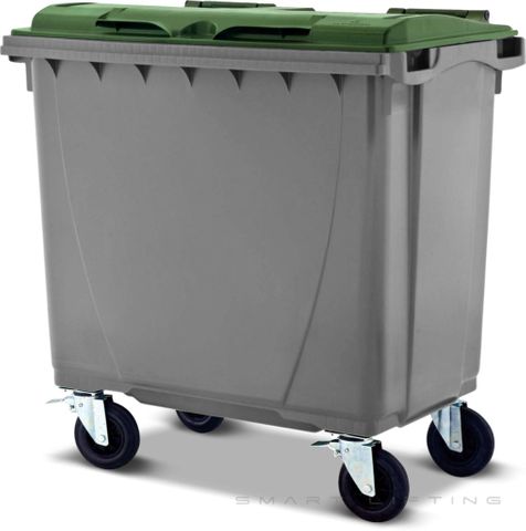 MGB660-SG // Simpro 660L Wheelie Bin, Silver/Green HDPE, with 4x 200mm castors