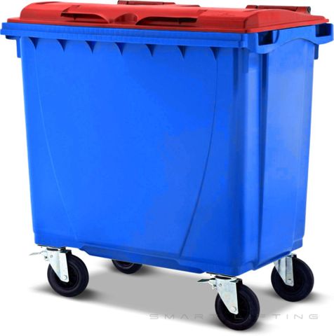 MGB660-BR // Simpro 660L Blue/Red Wheelie Bin, HDPE, with 4x 200mm castors