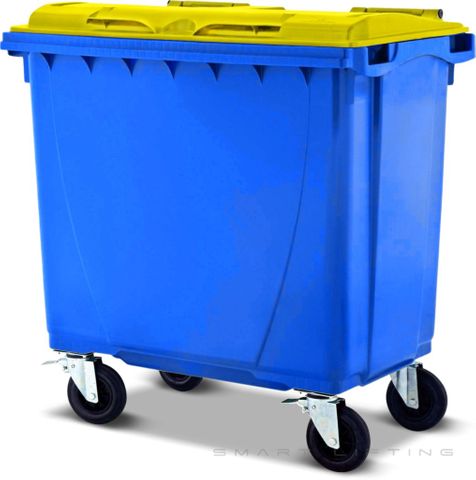 MGB660-BY // Simpro 660L Wheelie Bin, Blue/Yellow HDPE, with 4x 200mm castors