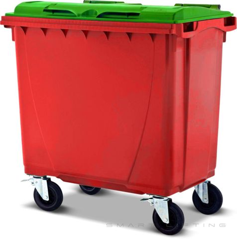 MGB660-RL // Simpro 660L Wheelie Bin, Red/Lime HDPE, with 4x 200mm castors