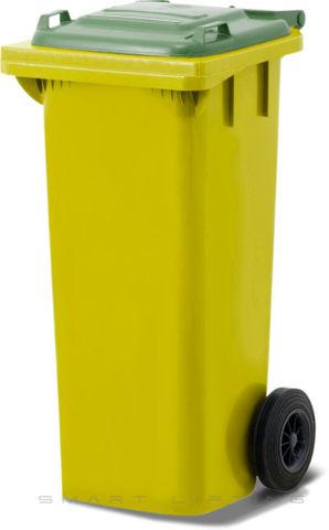 MGB80-YG // Simpro 80L Yellow/Green Wheelie Bin, HDPE, with 2x 200mm outset wheels