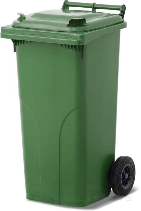 MGB120-GG // Simpro 120L Green Wheelie Bin, HDPE, with 2x 200mm outset wheels