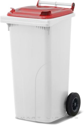 MGB120-WR // Simpro 120L White/Red Wheelie Bin, HDPE, with 2x 200mm outset wheels