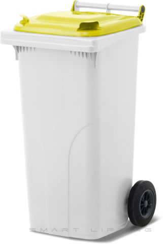 MGB120-WY // Simpro 120L Wheelie Bin, White/Yellow HDPE, with 2x 200mm outset wheels