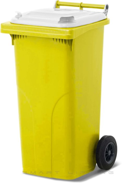 MGB120-YW // Simpro 120L Yellow/White Wheelie Bin, HDPE, with 2x 200mm outset wheels