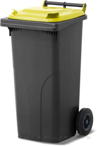 MGB120-KY // Simpro 120L Wheelie Bin, Black/Yellow HDPE, with 2x 200mm outset wheels