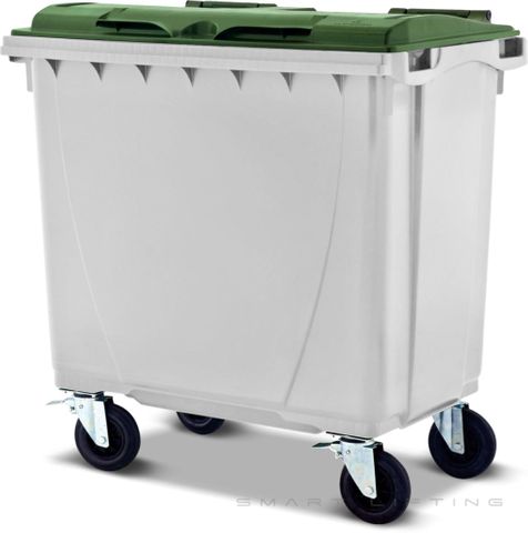 MGB660-WG // Simpro 660L White/Green Wheelie Bin, HDPE, with 4x 200mm castors