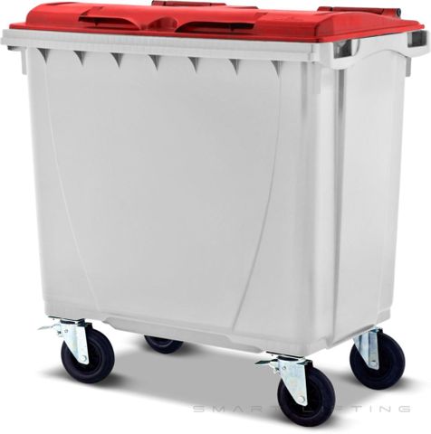 MGB660-WR // Simpro 660L Wheelie Bin, White/Red HDPE, with 4x 200mm castors