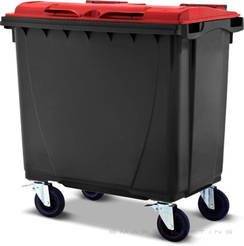 MGB660-KR // Simpro 660L Wheelie Bin, Black/Red HDPE, with 4x 200mm castors