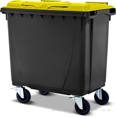 MGB660-KY // Simpro 660L Wheelie Bin, Black/Yellow HDPE, with 4x 200mm castors