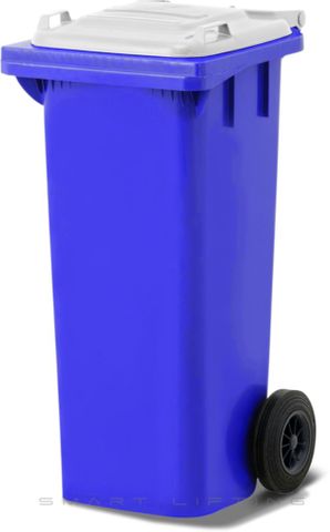 MGB80-BW // Simpro 80L Blue/White Wheelie Bin, HDPE, with 2x 200mm outset wheels