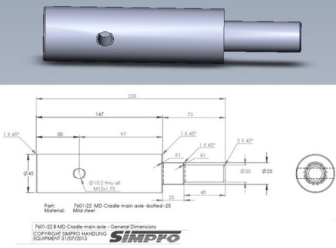 MD Cradle Axle, 45x200mm, MS drilled and zinc-plated