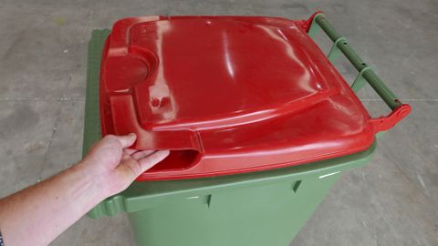 MGB240-GR // Simpro 240L Wheelie Bin, Green/Red HDPE, with 2x 200mm outset wheels