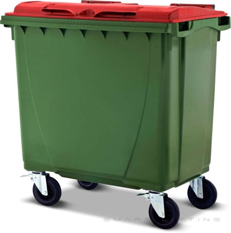 MGB660-GR // Simpro 660L Wheelie Bin, Green/Red HDPE, with 4x 200mm castors