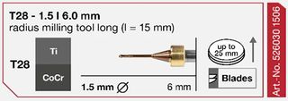 T28 -1.5|6.0mm radius milling long (l=16mm) Ti/CoCr