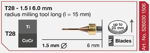 T28 -1.5|6.0mm radius milling long (l=16mm) Ti/CoCr